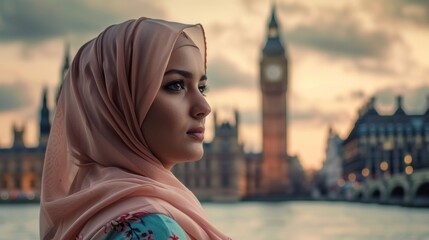 Portrait of a woman with a hijab in England with Big Ben in the background out of focus at sunset...