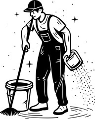 Squeaky Clean Man with Bucket and Mop Emblem Polished Perfection Cleaning Floor Icon Emblem
