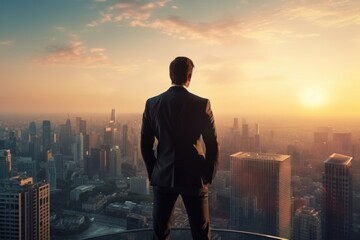Businessman in suit standing on a ledge overlooking city - Powered by Adobe