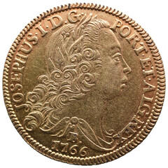 Portrait of King Dom José I on a Portuguese gold coin dated 1775. Minted in Brazil in Bahia