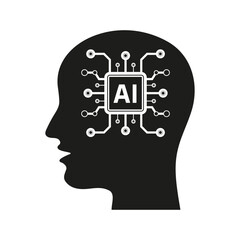 Human Head with computer circuit and AI sign. Artificial intelligence vector icon.