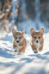 Two playful corgis enjoying the winter snow