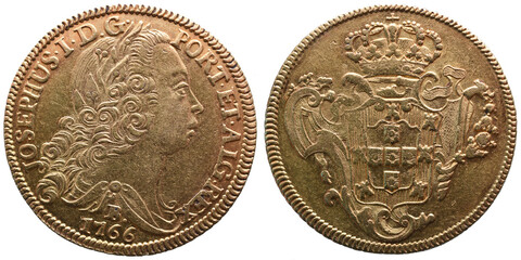 Obverse and Reverse of Portuguese gold coin of King Dom José I minted in Brazil. Portrait of the...