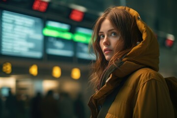 A woman standing in front of a train station