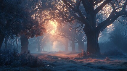 A serene sunrise over a mist-covered forest, the early light casting a warm glow that gently lifts the veil of fog from the awakening woods - obrazy, fototapety, plakaty