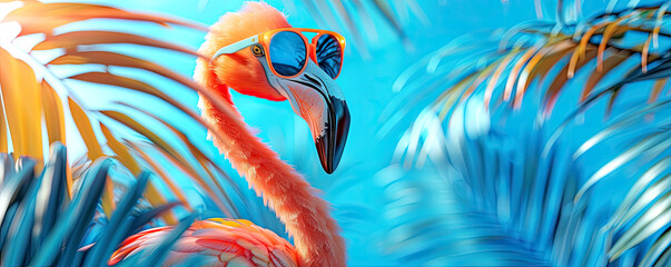 Cute flamingo wearing sunglasses on a blue background with tropical leaves in the style of a summer concept. AI generated illustration.