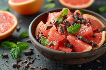 A refreshing grapefruit and mint salad topped with a sprinkle of dark chocolate shavings, balancing...