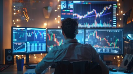 Working business man following forex stock market events in order to predict next falling of prices. Brokerage agent analyzing real time financial data charts while using multi monitor workstation. - obrazy, fototapety, plakaty
