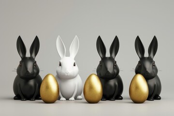 A group of three cute Easter bunnies in black and gold colors