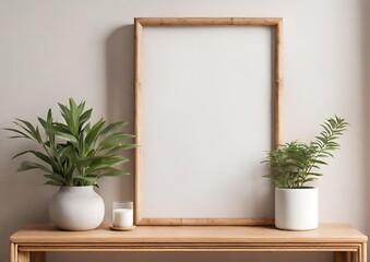 Room interior with mock up photo frame on the brown bamboo shelf with beautiful plants. Interior poster mockup with vertical wood