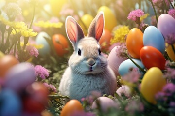 A rabbit sitting in a field of flowers
