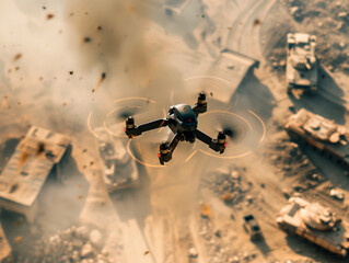 A military drone flies over a battlefield with tanks.
