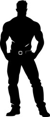 Fototapeta na wymiar Denim Dynamo Muscle Man Logo Vector Design Flex Frenzy Muscular Emblem Iconic