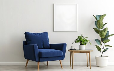 Modern interior design background with an empty wall mockup and a blue armchair in a minimalistic living room