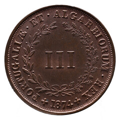 Portuguese coin of III Réis in copper from the reign of Luiz I king of Portugal in the 19th century