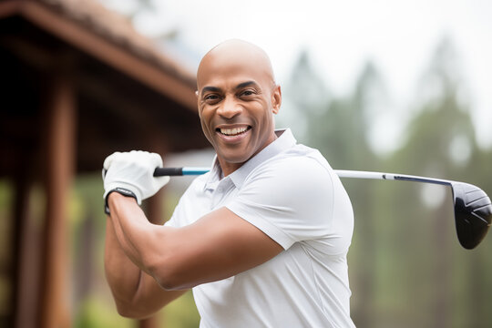 african american man in white shirt playing golf looking at camera with golf club in hand