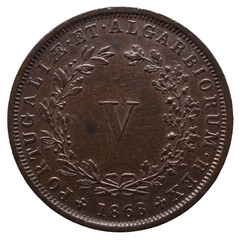 Portuguese coin of V Réis in copper from the reign of Luiz I king of Portugal in the 19th century