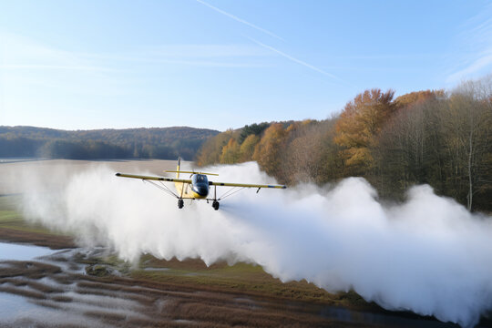 small plane fumigating crop fields