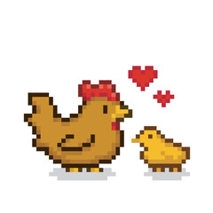 Mother hen with her baby, pixel art animal