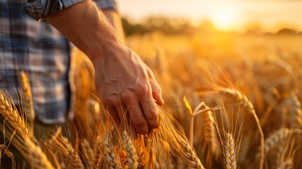 Obraz premium A man's hand in a field of wheat at sunset, AI