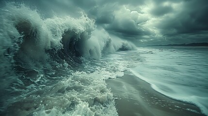 A massive wind wave crashes onto the beach under cloudy skies - obrazy, fototapety, plakaty