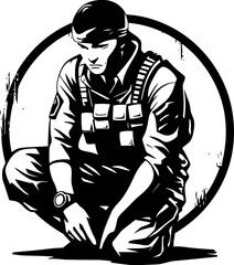 Brave Bond Kneeling Soldier Symbol Emblem Honor Hero Military Vector Icon