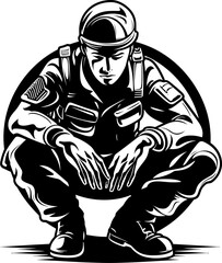 Patriot Pose Kneeling Soldier Emblem Duty Down Military Icon Vector