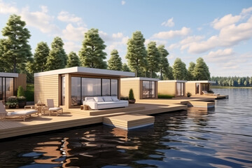 Fototapeta na wymiar designer houses with their own pier next to a lake
