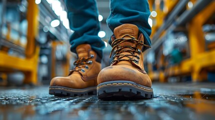 Ready to Tackle the Shift: Factory Worker's Safety Boots on Duty. Concept Factory Safety, Work Footwear, Industrial Shift, Protective Gear, Health & Safety - obrazy, fototapety, plakaty