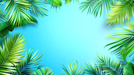 Green palm leaves on a blue background with space for copy. Poster in the summer concept. AI generated illustration.