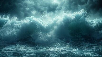 Tumultuous ocean waves collide under a stormy cumulusfilled sky - obrazy, fototapety, plakaty