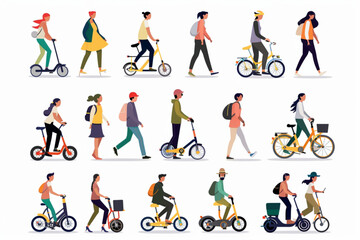 Fototapeta na wymiar People actively spend time outdoors. Set of characters walking, riding bicycles and scooters 3D avatars set vector icon, white background, black colour icon