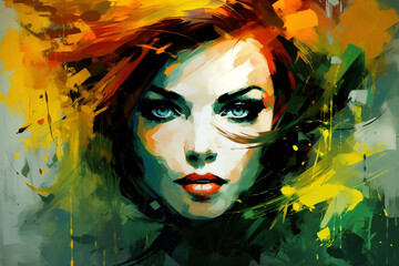 illustration of a portrait of a very pretty woman with colorful brush strokes
