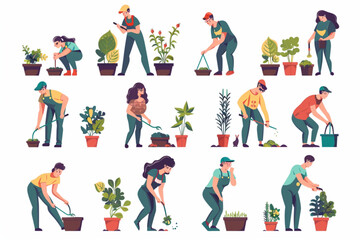 Fototapeta na wymiar People are gardening. Men and women plant vegetables, water and tend and harvest. Gardeners mow lawns and bushes, plant flowers 3D avatars set vector icon, white background, black colour icon