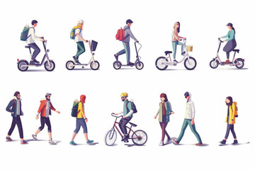 Fototapeta na wymiar People actively spend time outdoors. Set of characters walking, riding bicycles and scooters 3D avatars set vector icon, white background, black colour icon