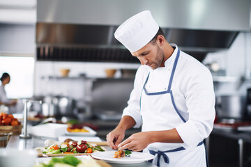 professional chef in white clothes and chef's hat plating a plate of food in a professional kitchen