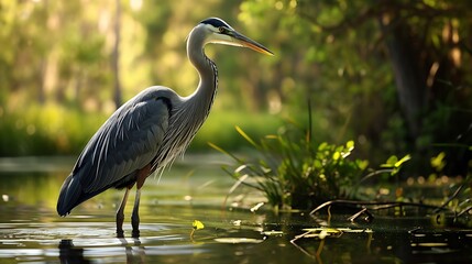 Fototapeta premium A serene scene of a great blue heron standing stoically in a calm marsh, its reflection mirrored perfectly in the still waters below.