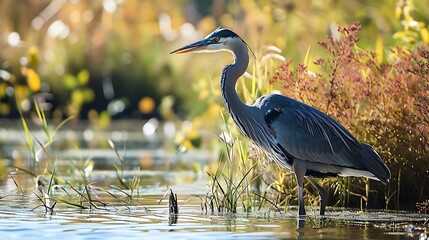 Fototapeta premium A serene scene of a great blue heron standing stoically in a calm marsh, its reflection mirrored perfectly in the still waters below.