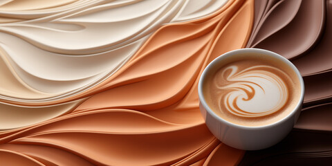 Coffee background, a cup of coffee with latte art against a background of soft waves in brown tones, top view