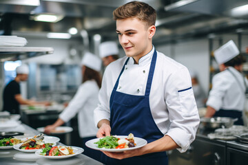 Fototapeta na wymiar waiter taking plates from a professional kitchen for customers