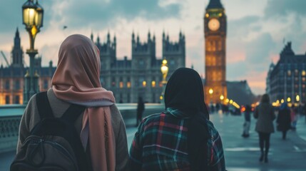 GROUP OF WOMEN with hijab on their backs with Big Ben in the background out of focus in high...