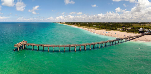 Bright ocean landscape at Venice fishing pier in Florida, USA. Popular vacation place in south