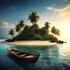 Deserted island with a boat in front