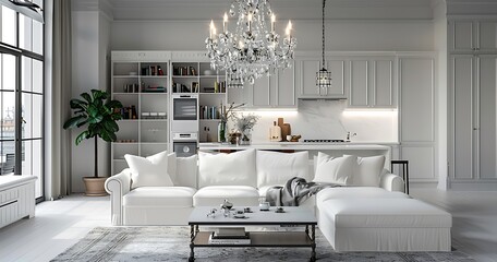 Modern interior design of a living room and kitchen with a white sofa