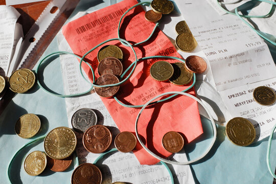 Office Desk- Receipts, Coins and Rubber Bands