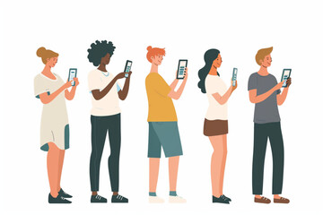 People use mobile phones. Characters are holding smartphones in their hands gesticulating. Men, women look at the phone screen, surf the Internet vector icon, white background, black colour icon - obrazy, fototapety, plakaty