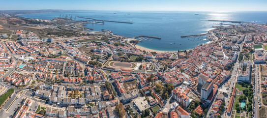 Panoramic aerial view filmed by drone of the coastal town of Sines Alentejo Portugal