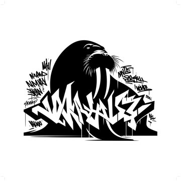 walrus silhouette, animal graffiti tag, hip hop, street art typography illustration.