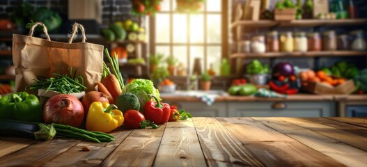 wooden table  in kitchen with fresh vegetables and brown bag  - Powered by Adobe