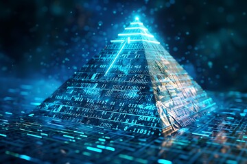 : A holographic pyramid emerging from an ocean of binary code, with a data-stream arrow zooming towards the glowing summit.